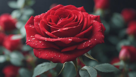 Beautiful red rose with water drops on petals, close upの素材
