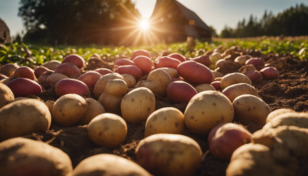 Potatoes on the field in the sun. Harvesting potatoes.の素材