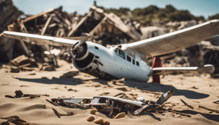 Abandoned airplane wreck on the beach with sand and broken planeの素材