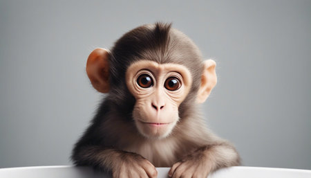 Cute little monkey looking at camera, isolated on gray background.の素材