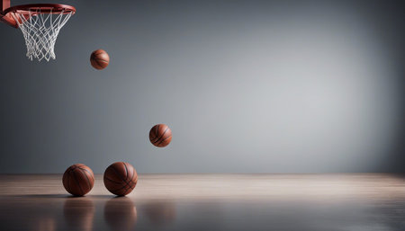 Basketball balls flying in the air against grey vignette background. copy spaceの素材