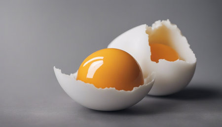 Broken egg with yolk on a gray background, close-upの素材