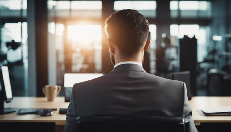 Back view of young businessman sitting at desk in office and looking awayの素材