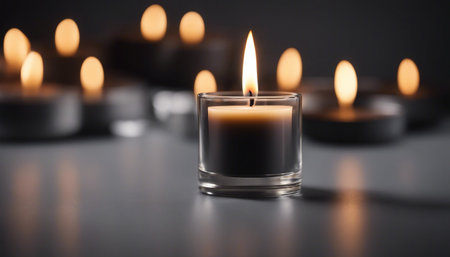 Burning candles in glass on grey table, closeup. Space for textの素材