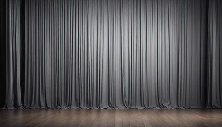 Movie or theater curtain with wooden floor and black curtains. 3D Renderingの素材