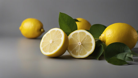 Lemons with leaves on grey background, closeup. Space for textの素材