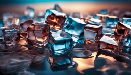 Ice cubes on blue background. Shallow depth of field. Toned.の素材