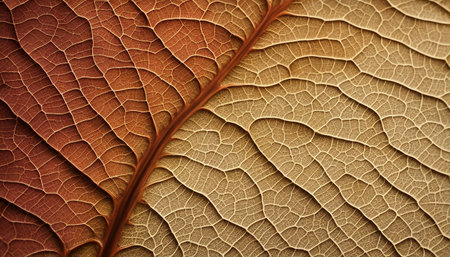 Macro closeup of brown leaf texture background. Leaf veins pattern.の素材
