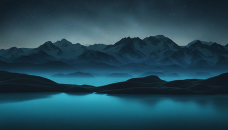 Fantasy landscape with mountains and lake at night. 3D renderingの素材