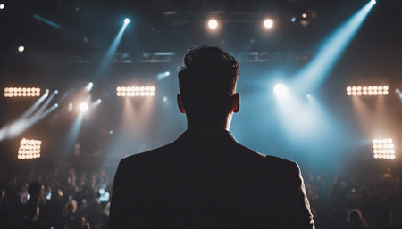 Silhouette of a man in front of a bright stage lightsの素材