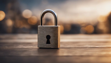 Locked padlock on wooden table in front of blurred background.の素材