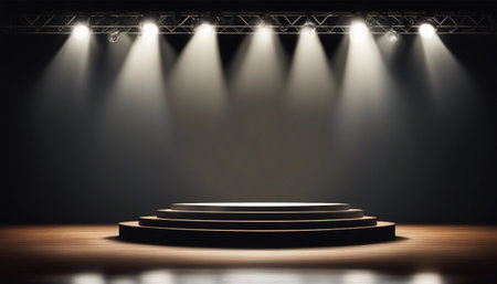 Stage podium illuminated with spotlight. Award ceremony concept. Stage backdrop.の素材