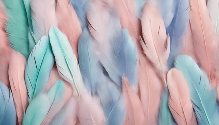 Colorful feathers as a background, top view, close-upの素材