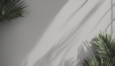 3d rendering of a shadow of palm leaves on a white wallの素材