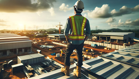 Engineer or architect at construction site with blue sky and cloud backgroundの素材