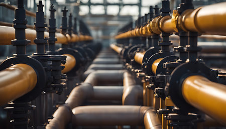 Industrial zone, Steel pipelines and valves in blue toned imageの素材