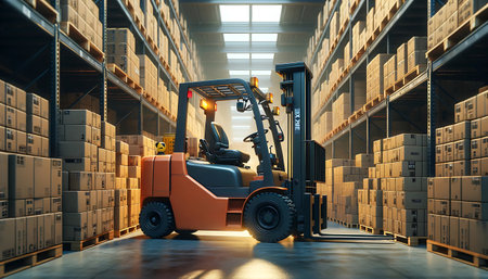 Forklift loader in warehouse. 3d rendering image toned imageの素材