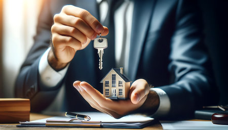 Real estate agent holding house key in his hands. Real estate conceptの素材