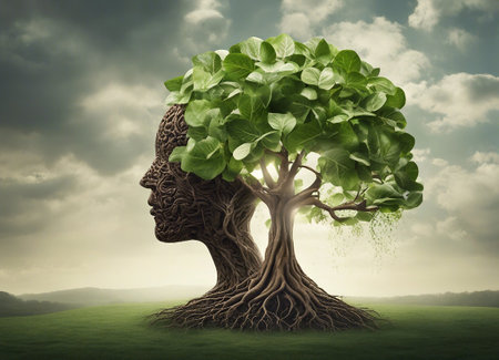 Human head with tree and green leaves as human brain concept. 3D Renderingの素材