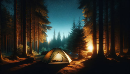 Camping in the woods at night with a tent. 3D renderingの素材