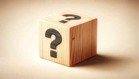 Wooden cube with question mark on beige background, 3d renderの素材