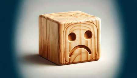 Wooden cube with a sad face on a white background. The concept of depression.の素材