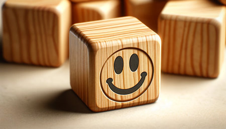 Wooden cubes with smiley face on light background, closeupの素材