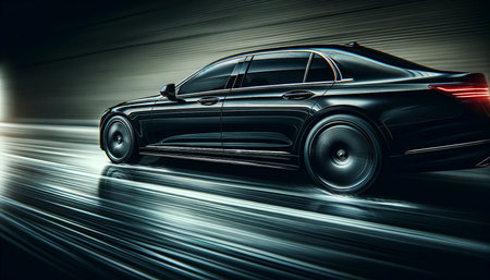 Black luxury car on the road with motion blur. 3d renderingの素材