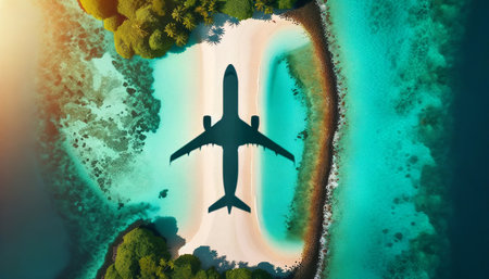 Airplane flying over tropical island. Travel and vacation concept. 3D Renderingの素材