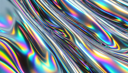 Vivid holographic texture with dynamic waves of color, reflecting a modern and abstract aestheticの素材
