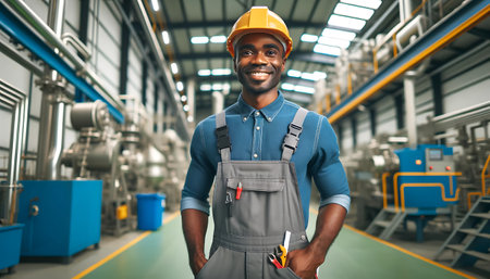 smiling african american worker in helmet and overalls at factoryの素材