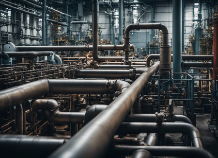 Industrial zone, Steel pipelines and equipment in blue tones in a factoryの素材