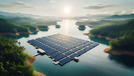 solar energy panels in the landscape. 3d render illustration.の素材