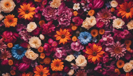 Colorful flowers background. Top view. Flat lay. Copy space.の素材