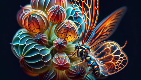 Stylized butterfly on colorful abstract flowersの素材