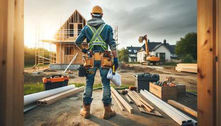 A construction worker with a tool belt is standing at a construction site.の素材