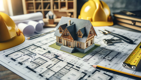 House model and construction tools on blueprint background. Real estate concept.の素材