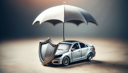 Insurance concept. Car under umbrella on wooden background. 3d illustrationの素材