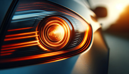 Car headlight close-up at sunset. 3d rendering.の素材