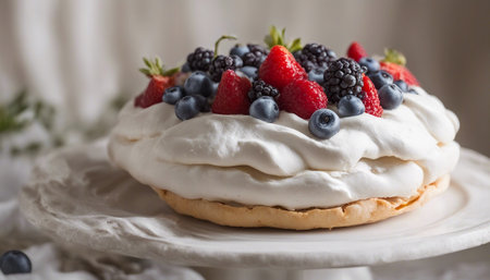 Meringue Pavlova with fresh berries on a white backgroundの素材