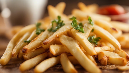 french fries with parsley on wooden table, close-upの素材