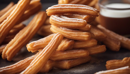 Churros with milk on a dark background, close-upの素材
