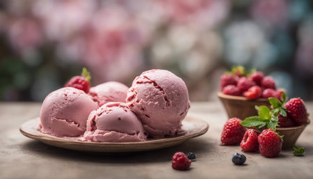 Raspberry ice cream with fresh raspberries and blueberries.の素材