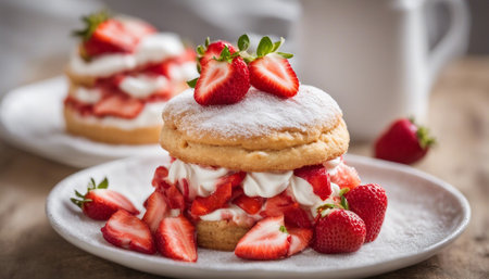 Strawberry tartlets with whipped cream and fresh strawberries on wooden backgroundの素材