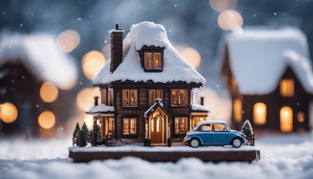 miniature house with toy car in snowfall. holiday concept.の素材