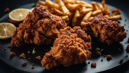Crispy fried chicken legs with french fries on a black plateの素材