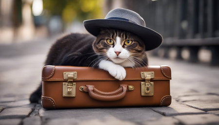 Portrait of a cat in a hat with a suitcase on the streetの素材