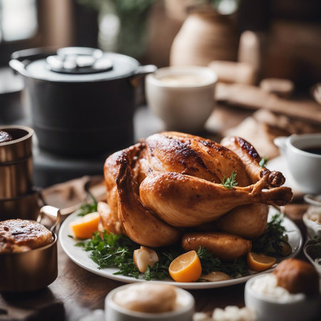 Roasted whole chicken with orange and parsley on a wooden tableの素材