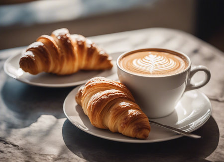 Coffee cup and croissants on table in cafe.の素材
