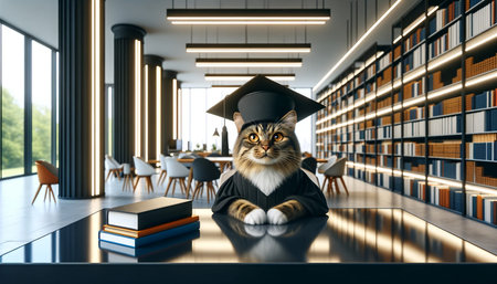 Cat in graduation cap and gown with books on the table.の素材